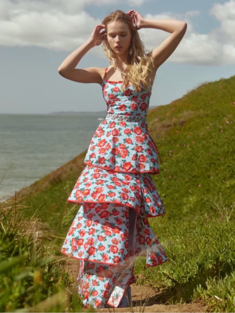 Tiered Floral Maxi Dress in Light Blue and Red